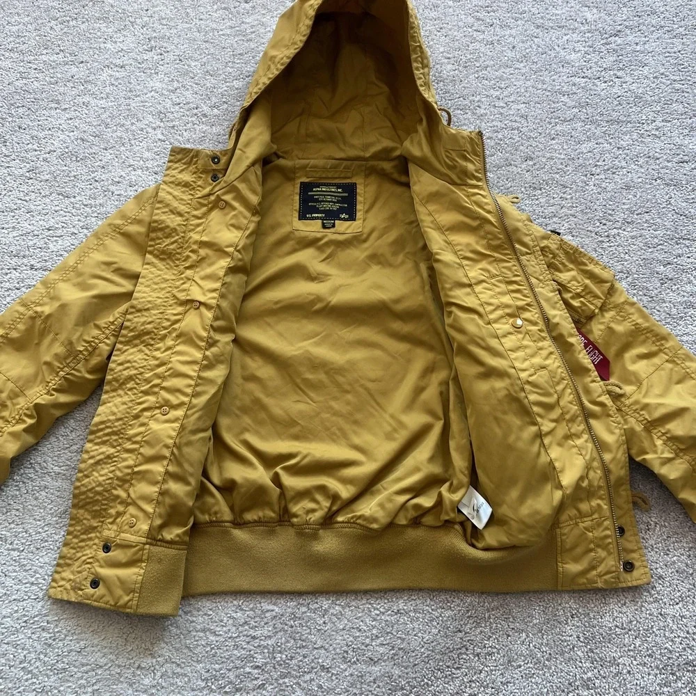 Alpha Industries Full‎ Zip Bomber Jacket Mens M Mustard Yellow Hooded Flight